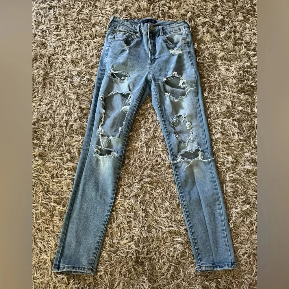 Aeropostale Jeans Womens Size 10R Super High Rise Jegging Destroyed Denim Grunge